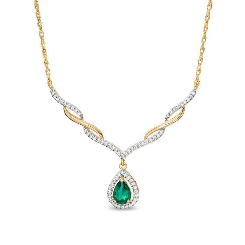 Main Image 1 of Pear-Shaped Lab-Created Emerald and White Sapphire Twisted Chevron Drop Necklace in Sterling Silver with 18K Gold Plate