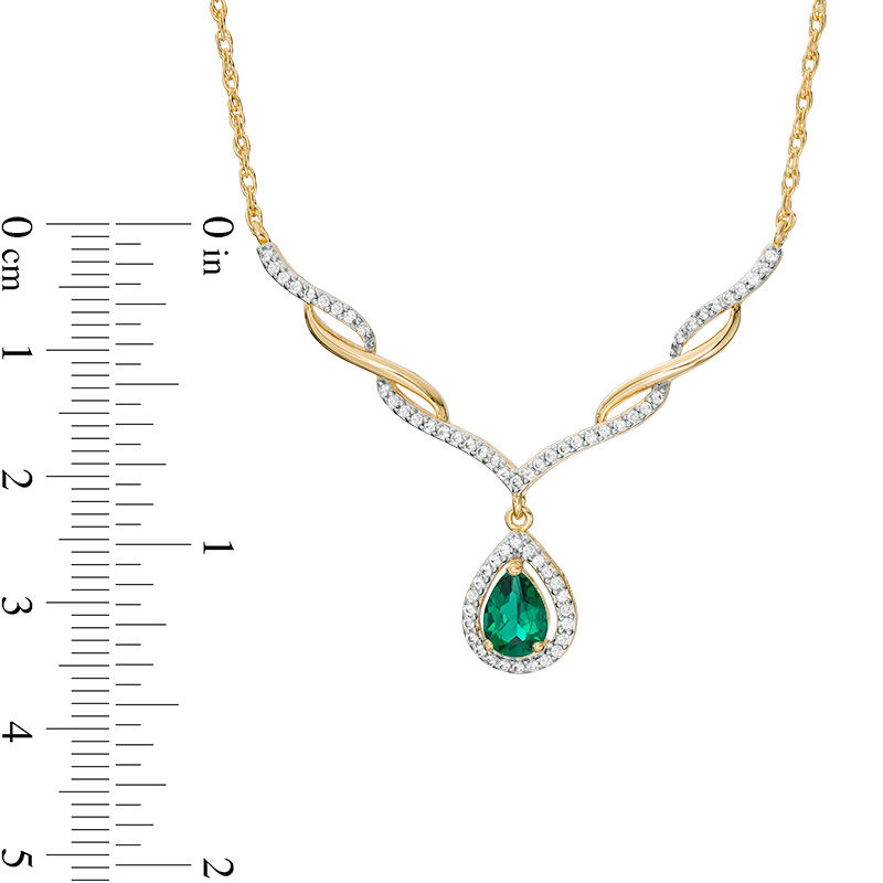 Main Image 2 of Pear-Shaped Lab-Created Emerald and White Sapphire Twisted Chevron Drop Necklace in Sterling Silver with 18K Gold Plate