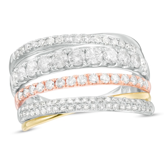 1 CT. T.W. Diamond Multi-Row Crossover Ring in 10K Tri-Tone Gold ...