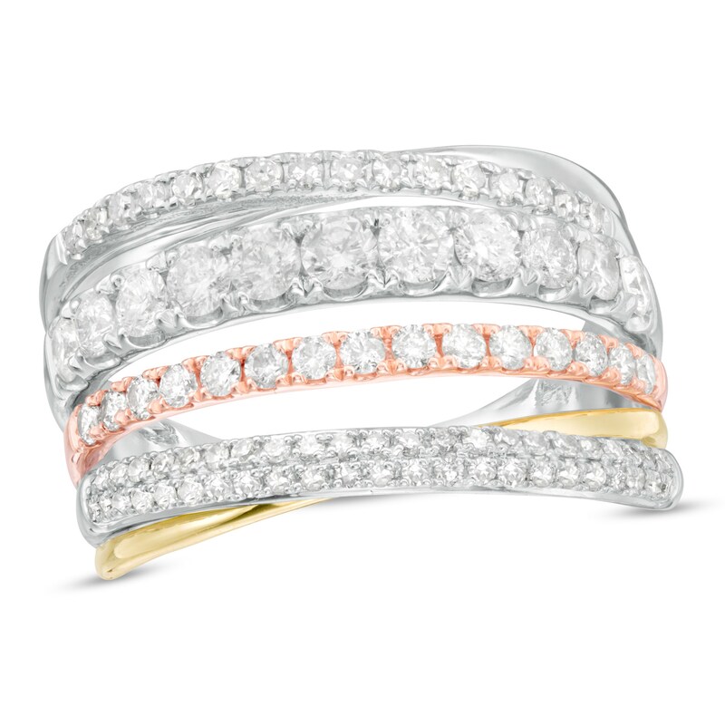 1 CT. T.W. Diamond Multi-Row Crossover Ring in 10K Tri-Tone Gold