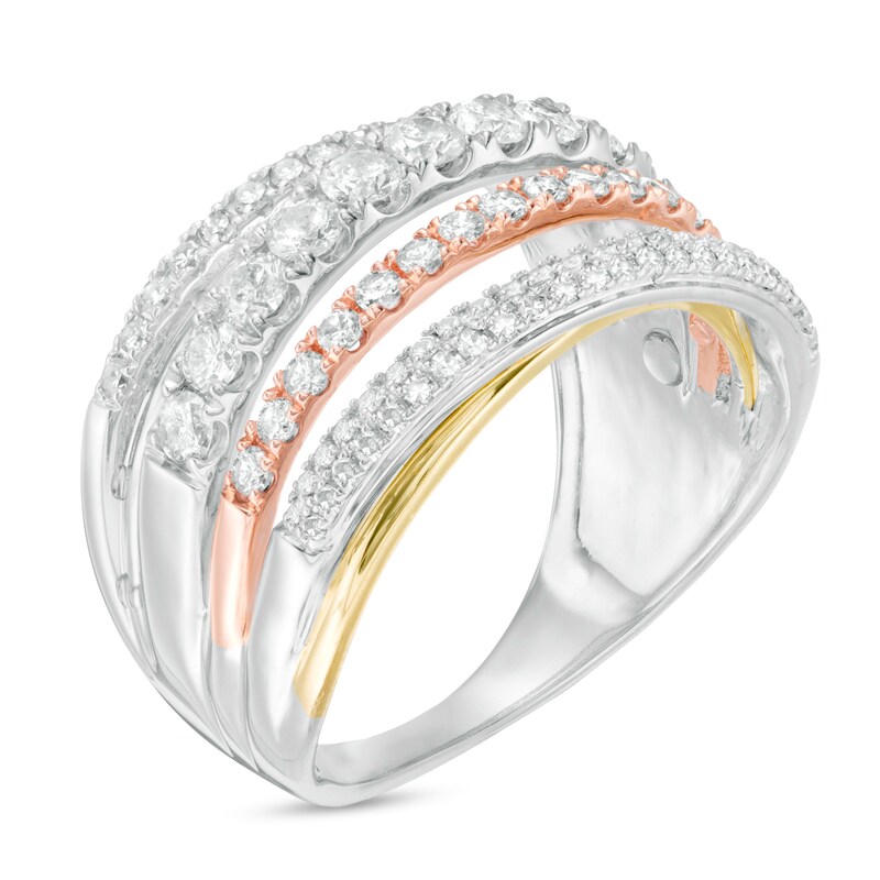 1 CT. T.W. Diamond Multi-Row Crossover Ring in 10K Tri-Tone Gold