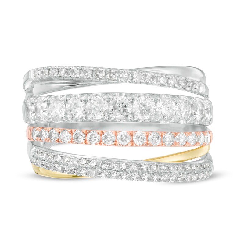 Main Image 3 of 1 CT. T.W. Diamond Multi-Row Crossover Ring in 10K Tri-Tone Gold