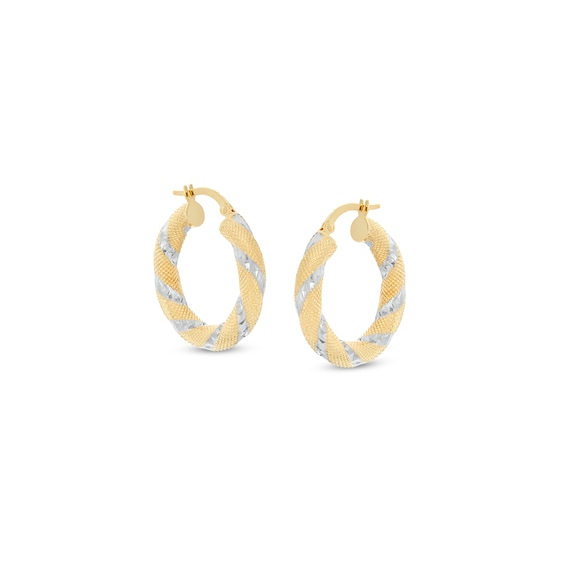 Made in Italy Diamond-Cut Ribbon Wrapped Tube Hoop Earrings in 14K Two-Tone Gold Made in Italy Diamond-Cut Ribbon Wrapped Tube Hoop Earrings in 14K Two-Tone Gold