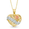 Thumbnail Image 0 of Textured "MOM" Banner with Rose and Scroll Lattice Vintage-Style Heart Pendant in 10K Tri-Tone Gold