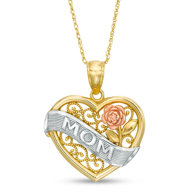 Textured "MOM" Banner with Rose and Scroll Lattice Vintage-Style Heart Pendant in 10K Tri-Tone Gold