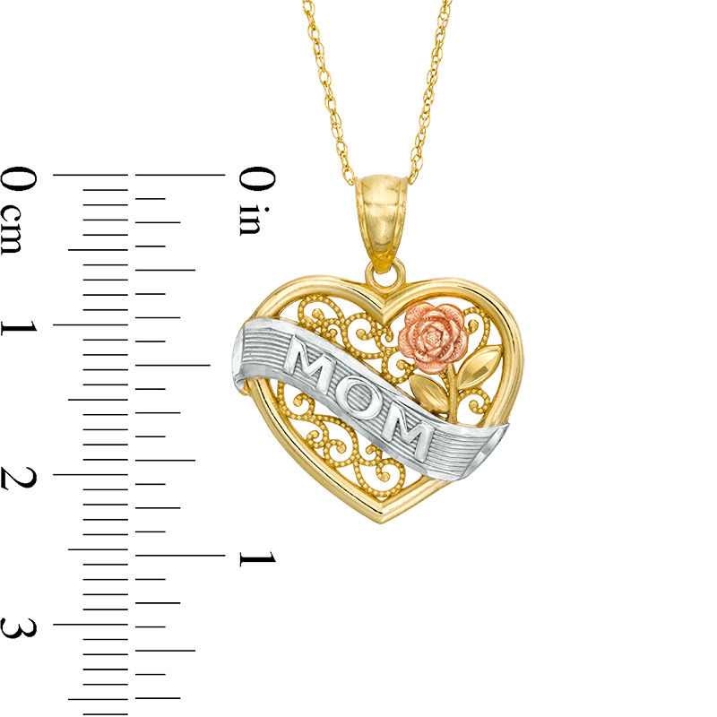 Textured "MOM" Banner with Rose and Scroll Lattice Vintage-Style Heart Pendant in 10K Tri-Tone Gold
