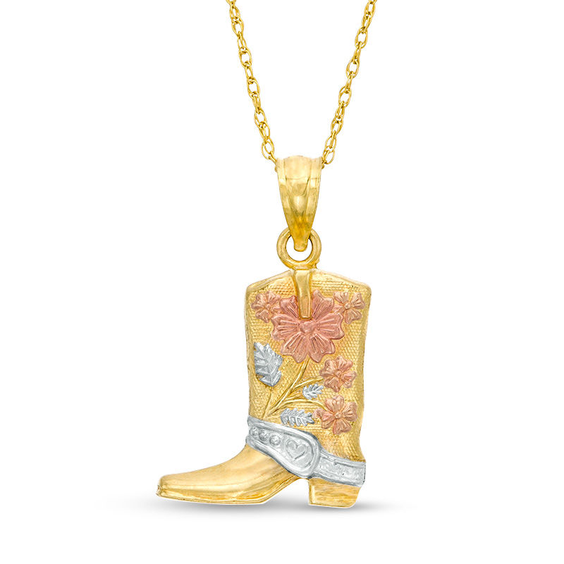 Main Image 1 of Textured Floral Western Boot Pendant in 10K Tri-Tone Gold