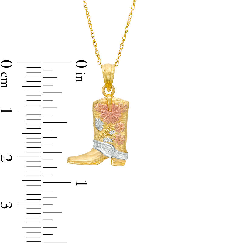 Main Image 2 of Textured Floral Western Boot Pendant in 10K Tri-Tone Gold