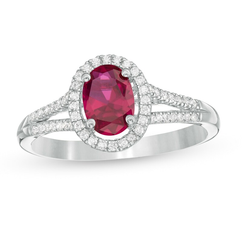 Main Image 1 of Oval Ruby and 1/8 CT. T.W. Diamond Frame Split Shank Ring in 10K White Gold