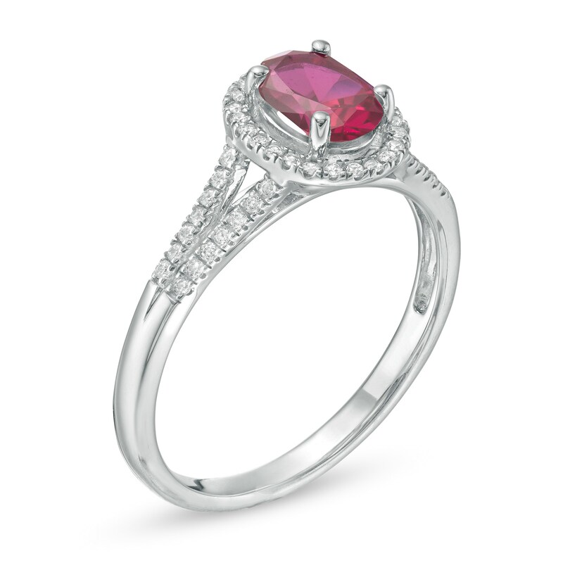 Main Image 2 of Oval Ruby and 1/8 CT. T.W. Diamond Frame Split Shank Ring in 10K White Gold