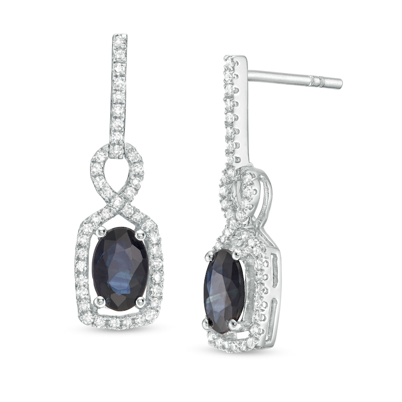 Main Image 1 of Oval Blue Sapphire and 1/5 CT. T.W. Diamond Twist Frame Drop Earrings in 10K White Gold