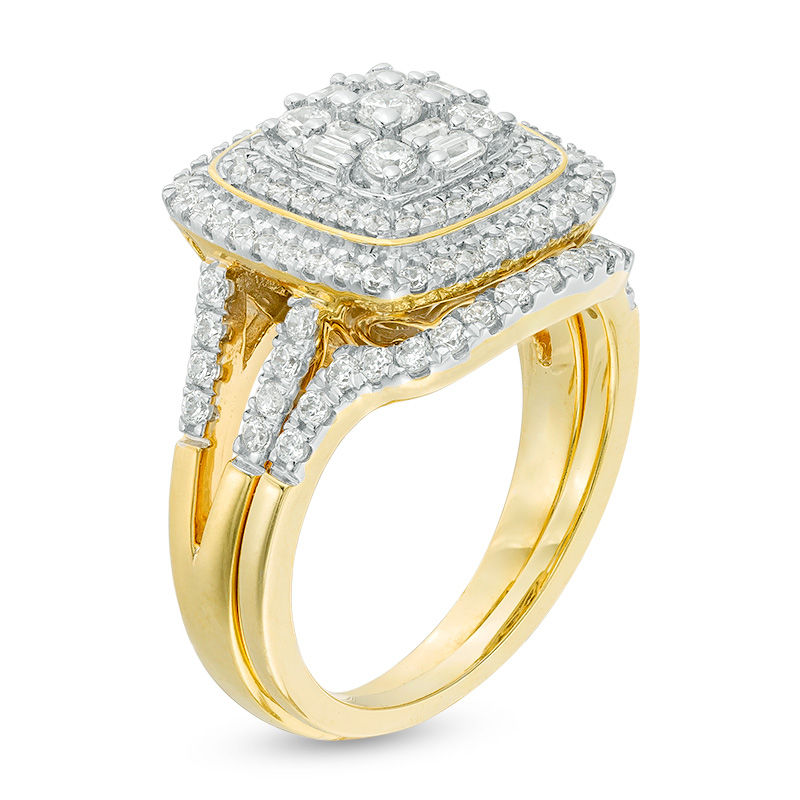 1 CT. T.W. Multi-Diamond Double Cushion Frame Bridal Set in 10K Gold