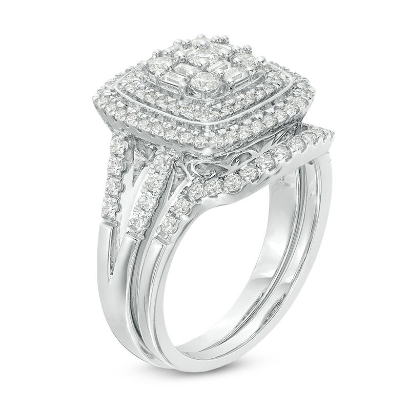 1 CT. T.W. Multi-Diamond Double Cushion Frame Bridal Set in 10K White Gold