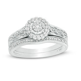 1/5 CT. T.W. Composite Diamond Flower Frame Vintage-Style Bridal Set in Sterling Silver