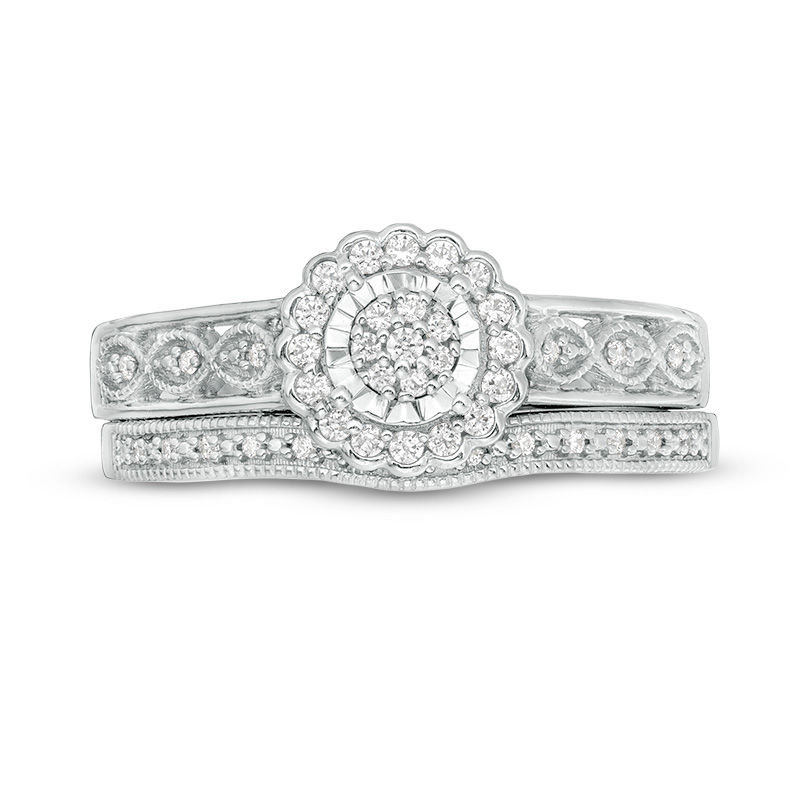 Main Image 4 of 1/5 CT. T.W. Composite Diamond Flower Frame Vintage-Style Bridal Set in Sterling Silver