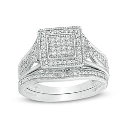 1/5 CT. T.W. Composite Diamond Square Frame Vintage-Style Bridal Set in Sterling Silver