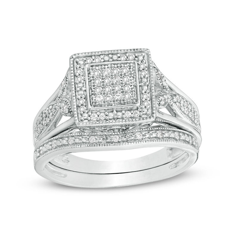 Main Image 1 of 1/5 CT. T.W. Composite Diamond Square Frame Vintage-Style Bridal Set in Sterling Silver