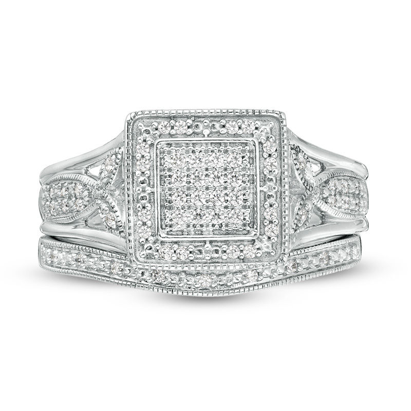 1/5 CT. T.W. Composite Diamond Square Frame Vintage-Style Bridal Set in Sterling Silver