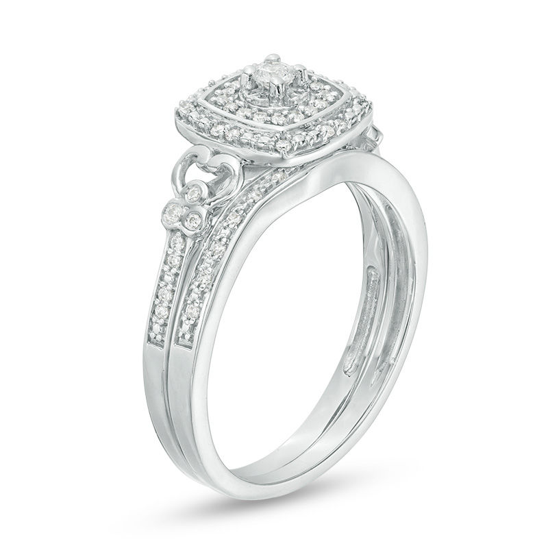 Main Image 2 of 1/4 CT. T.W. Diamond Double Cushion Frame Filigree Bridal Set in Sterling Silver