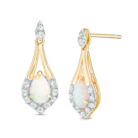 Pear-Shaped Lab-Created Opal and White Sapphire Pendulum Drop Earrings in Sterling Silver with 14K Gold Plate Pear-Shaped Lab-Created Opal and White Sapphire Pendulum Drop Earrings in Sterling Silver with 14K Gold Plate
