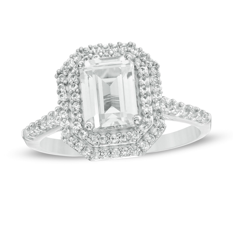 Main Image 1 of Octagonal Lab-Created White Sapphire Double Frame Engagement Ring in Sterling Silver
