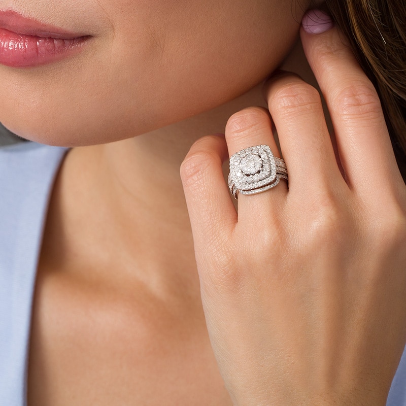 Main Image 2 of 2 CT. T.W. Multi-Diamond Cushion-Shaped Double Frame Bridal Set in 10K White Gold