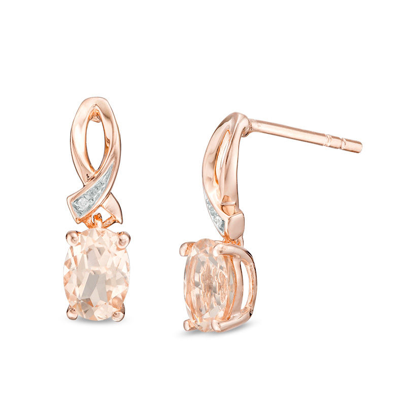 Oval Morganite and Diamond Accent Awareness Ribbon Drop Earrings in Sterling Silver with 14K Rose Gold Plate