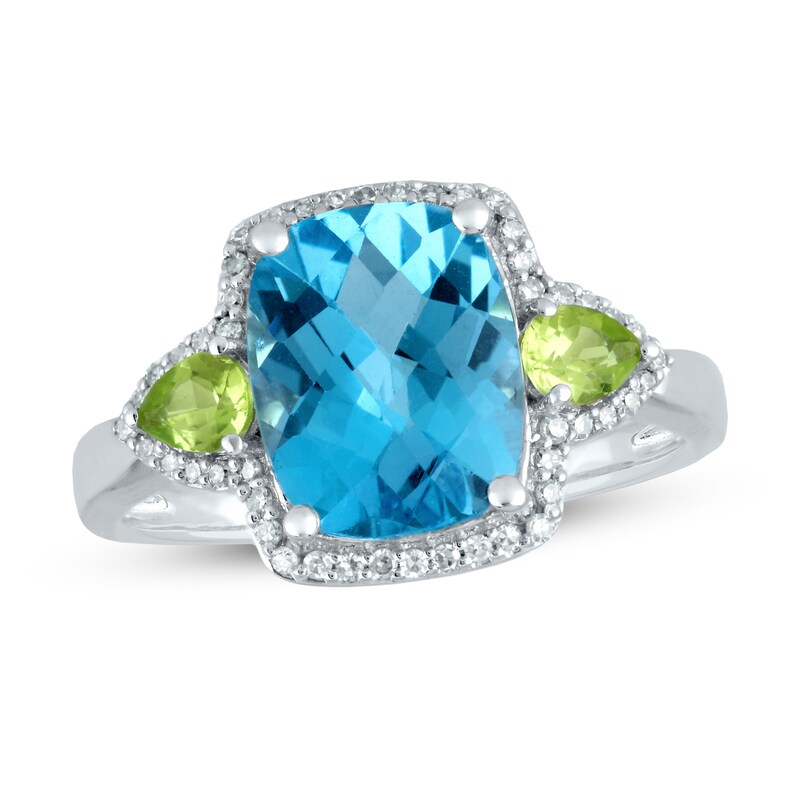 Main Image 1 of Cushion-Cut Blue Topaz, Peridot and 1/6 CT. T.W. Diamond Frame Three Stone Ring in 14K White Gold
