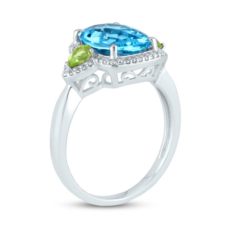 Main Image 2 of Cushion-Cut Blue Topaz, Peridot and 1/6 CT. T.W. Diamond Frame Three Stone Ring in 14K White Gold