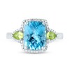 Thumbnail Image 3 of Cushion-Cut Blue Topaz, Peridot and 1/6 CT. T.W. Diamond Frame Three Stone Ring in 14K White Gold