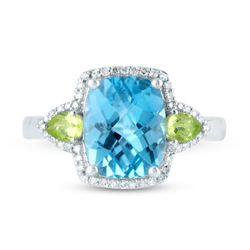 Main Image 3 of Cushion-Cut Blue Topaz, Peridot and 1/6 CT. T.W. Diamond Frame Three Stone Ring in 14K White Gold