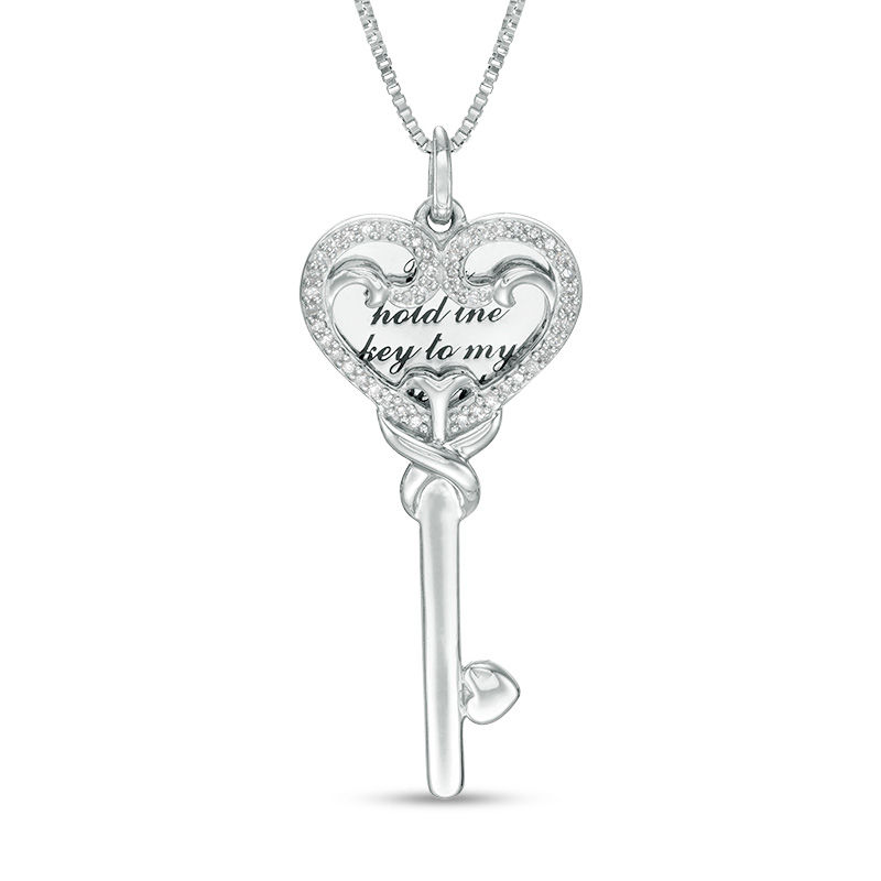 Main Image 1 of 1/8 CT. T.W. Diamond Love Message Disc and Heart-Top Key Pendant in Sterling Silver