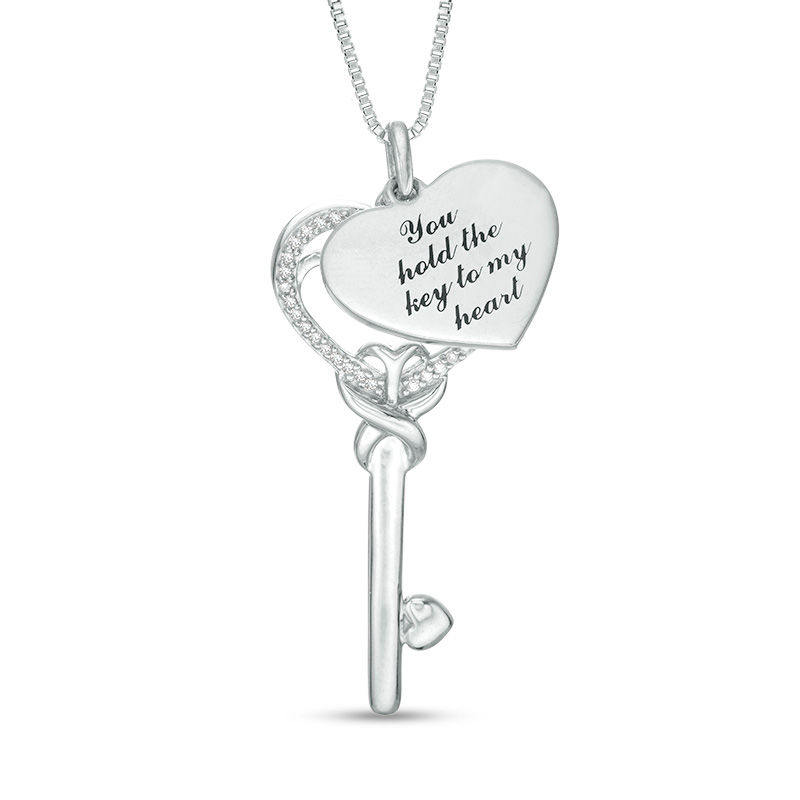 Main Image 2 of 1/8 CT. T.W. Diamond Love Message Disc and Heart-Top Key Pendant in Sterling Silver