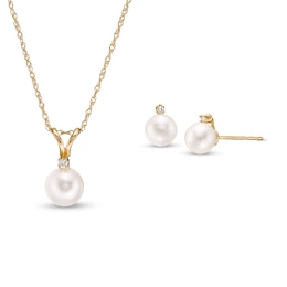 5.5-6.0mm Cultured Akoya Pearl and 1/20 CT. T.W. Diamond Pendant and Stud Earrings Set in 14K Gold
