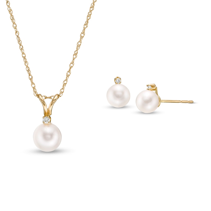 Main Image 1 of 5.5-6.0mm Akoya Cultured Pearl and 1/20 CT. T.W. Diamond Pendant and Stud Earrings Set in 14K Gold