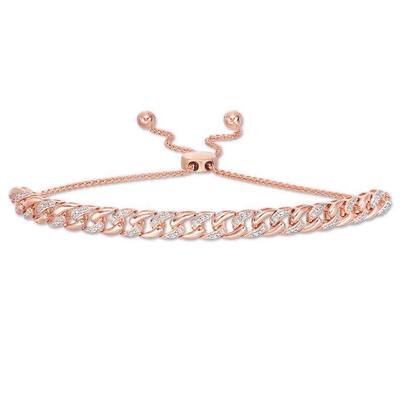 Main Image 1 of 1/10 CT. T.W. Diamond Curb Link Bolo Bracelet in 10K Rose Gold - 9.5&quot;