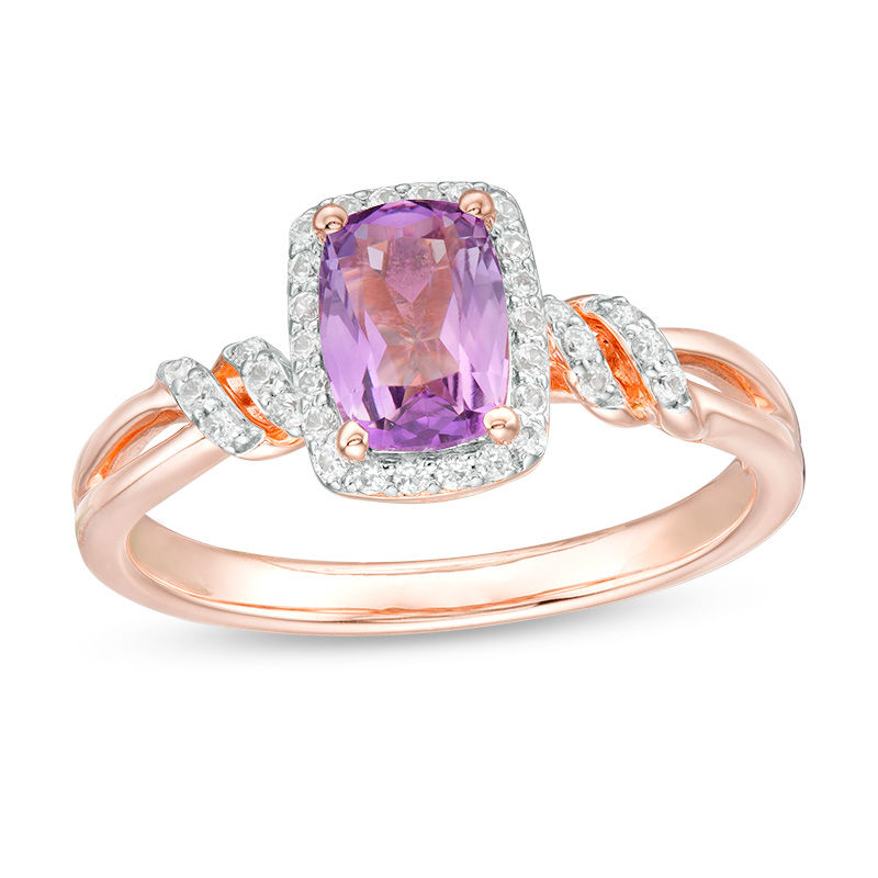 Main Image 1 of Cushion-Cut Amethyst and Lab-Created White Sapphire Frame Ring in Sterling Silver with 14K Rose Gold Plate
