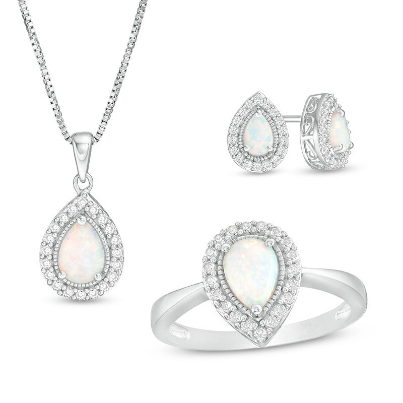 Main Image 1 of Pear-Shaped Lab-Created Opal and White Sapphire Vintage-Style Pendant, Earrings and Ring Set in Sterling Silver - Size 7