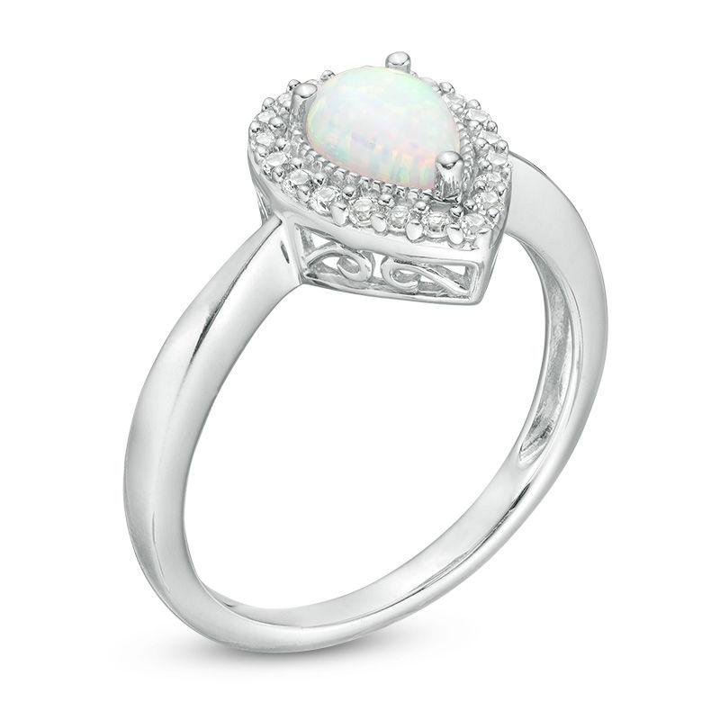 Main Image 2 of Pear-Shaped Lab-Created Opal and White Sapphire Vintage-Style Pendant, Earrings and Ring Set in Sterling Silver - Size 7