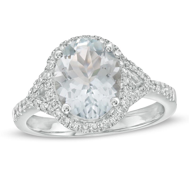 Main Image 1 of Oval Aquamarine and 1/4 CT. T.W. Diamond Frame Split Shank Ring in 10K White Gold