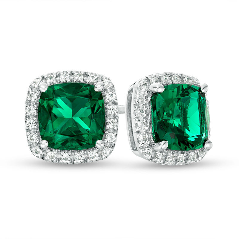 7.0mm Cushion-Cut Simulated Emerald and Lab-Created White Sapphire Frame Stud Earrings in Sterling Silver