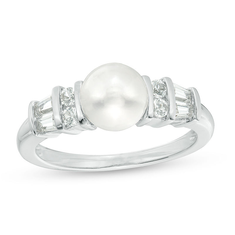 7.0mm Button Cultured Freshwater Pearl and Lab-Created White Sapphire Double Collar Ring in Sterling Silver