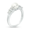 Thumbnail Image 1 of 7.0mm Button Cultured Freshwater Pearl and Lab-Created White Sapphire Double Collar Ring in Sterling Silver