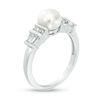 Thumbnail Image 2 of 7.0mm Button Freshwater Cultured Pearl and Lab-Created White Sapphire Double Collar Ring in Sterling Silver