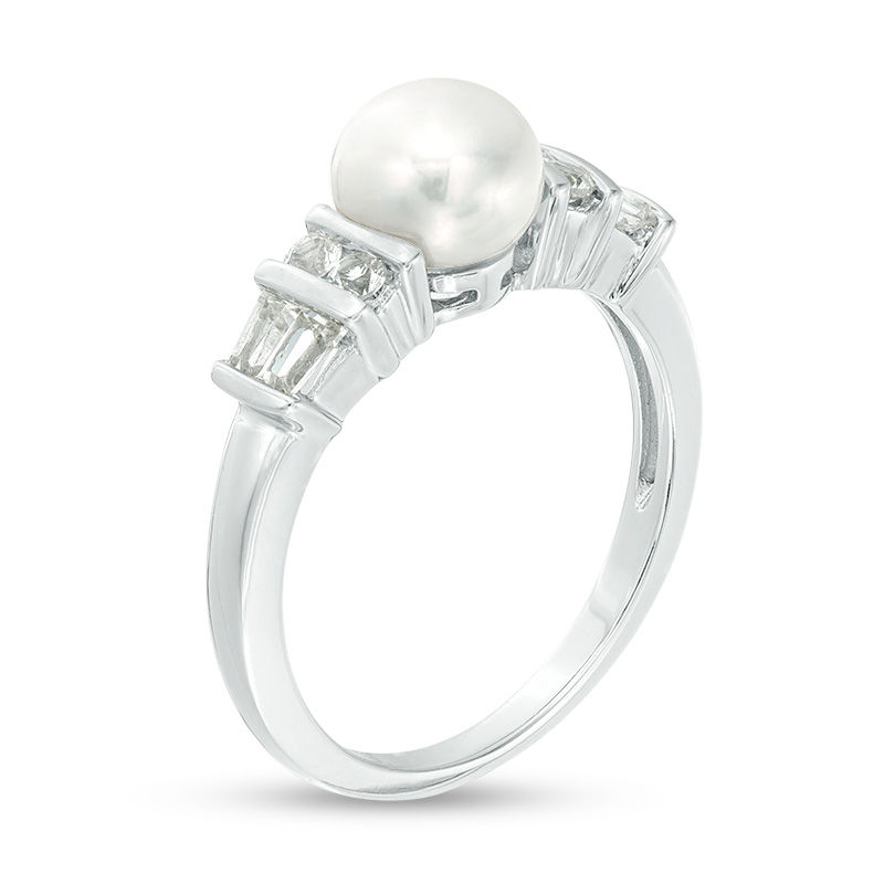 7.0mm Button Cultured Freshwater Pearl and Lab-Created White Sapphire Double Collar Ring in Sterling Silver