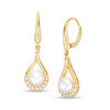 Thumbnail Image 1 of Button Freshwater Cultured Pearl and Lab-Created White Sapphire Teardrop Earrings in Sterling Silver with 14K Gold Plate