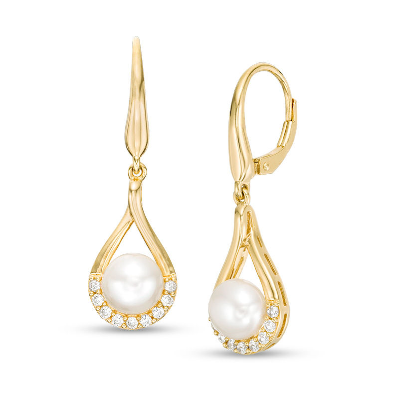 Main Image 1 of Button Freshwater Cultured Pearl and Lab-Created White Sapphire Teardrop Earrings in Sterling Silver with 14K Gold Plate