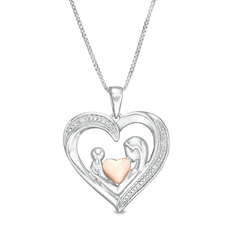 Diamond Accent Motherly Love Heart Outline Pendant in Sterling Silver and 10K Rose Gold