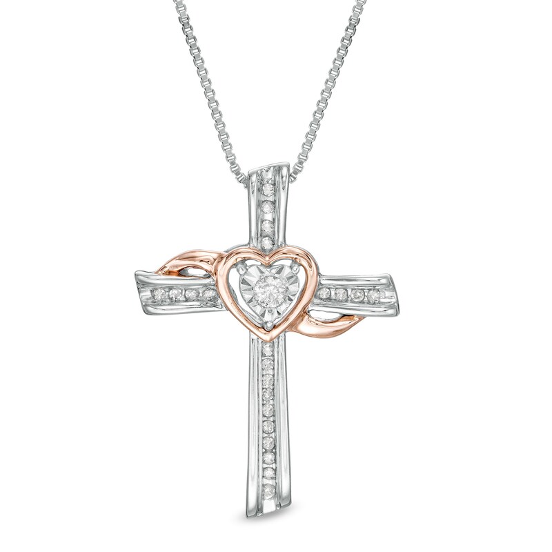 Main Image 1 of 1/10 CT. T.W. Diamond Cross with Heart and Sash Pendant in Sterling Silver and 10K Rose Gold