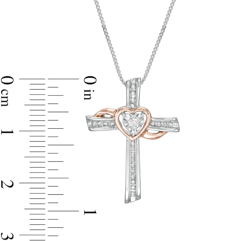 1/10 CT. T.W. Diamond Cross with Heart and Sash Pendant in Sterling Silver and 10K Rose Gold